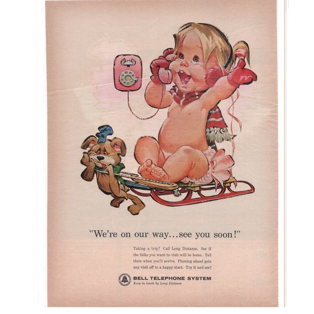 Bell Telephone Advertisement Vintage 1960s Color Baby Cartoon Sled Communication